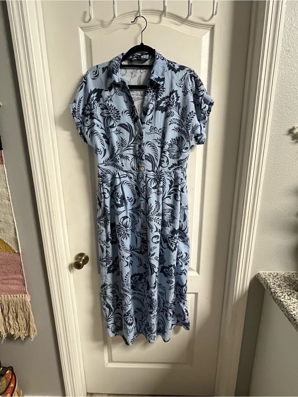 Zara Blue and Navy Floral Midi Shirt Dress